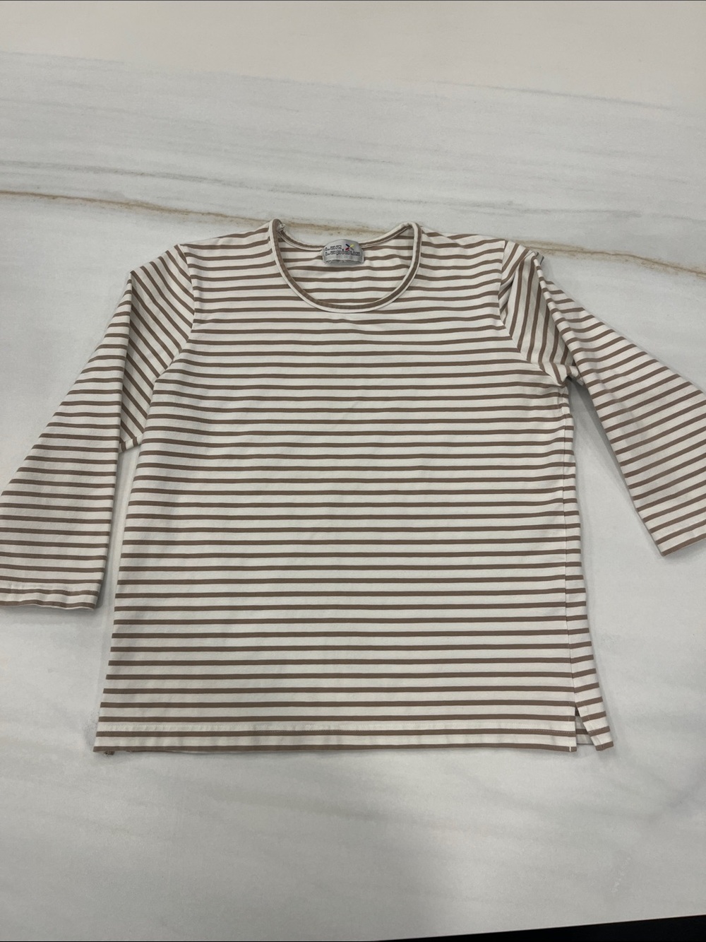 Women’s Crewneck Long Sleeve Striped Tee in Cream & Brown